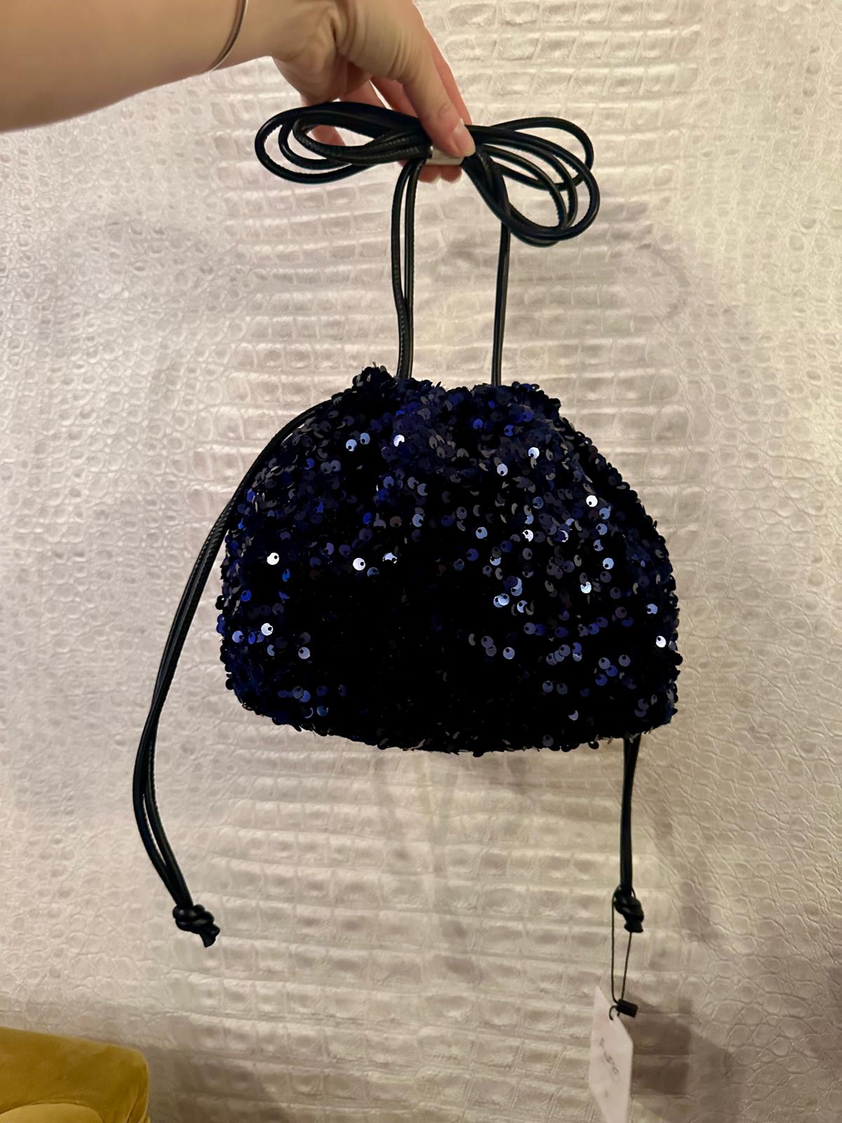 Sequin Tie Pouch Bag - Navy