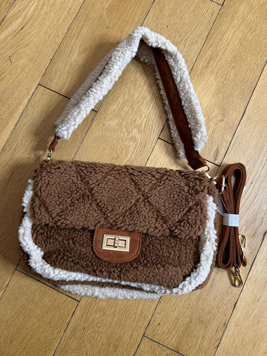 Faux Fur Trim Bag - Chocolate Brown